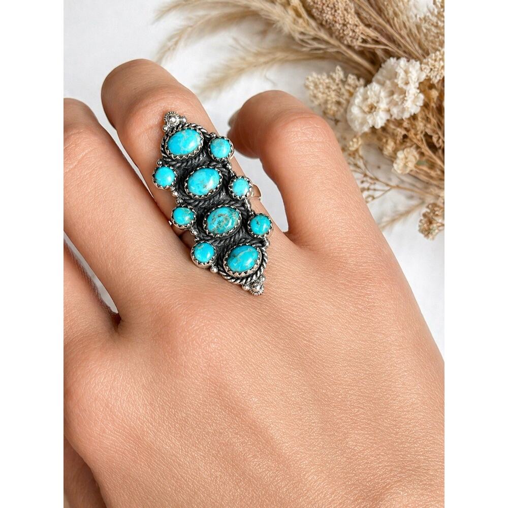 Turquoise Cluster Ring Sterling Silver Native Style Southwest Long Adjustable - Picture 2 of 10